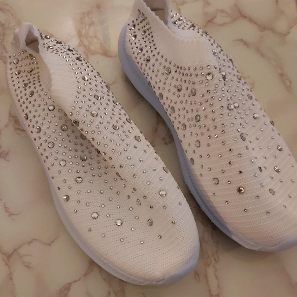 White bling rhinestone slip on sock  sneakers